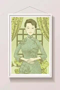绿色唯美中国风民国旗袍女性插画图片