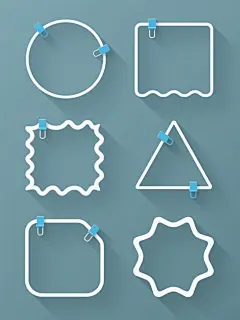 极简风格的6个不同形状文本框系列素材集合，每个文本框均采用线条勾勒的简约设计，保持圆角矩形轮廓基础上融入完全不同的几何变形，包含圆形边角、波浪边框、三角形切角、梯形结构、齿轮边缘和多边形轮廓，每个文本框配有两个对称的蓝色回形针固定装饰，整体以纯色背景呈现，6个文本框采用完全不同的配色方案且无任何文字，所有元素规整排布成网格状，保持线条的平滑过渡和阴影的微妙层次感，体现现代简约的设计美学。