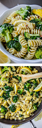 This super easy vegetarian pasta is a quick meal for a busy night! The broccoli and spinach keep it healthy and the garlic and lemon make it extra tasty. From The Food Charlatan.: 