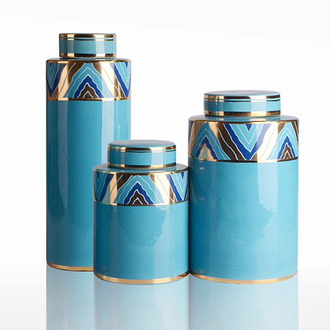 轻奢美式现代新中式金蓝色陶瓷装饰罐样板间...
