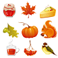 精美秋季图标矢量素材，素材格式：AI，素材关键词：南瓜,蛋糕,枫叶,松鼠,矢量图标