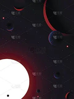 宇宙背景中的红色太阳、红色行星和月亮