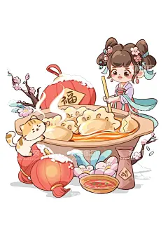 立冬插画  - 源文件下载【酷图网】二十四节气,24节气,民俗人物,民俗,人物元素,吃饺子,下雪,手绘,插画,手绘插画,节气插画,古风人物,古风
