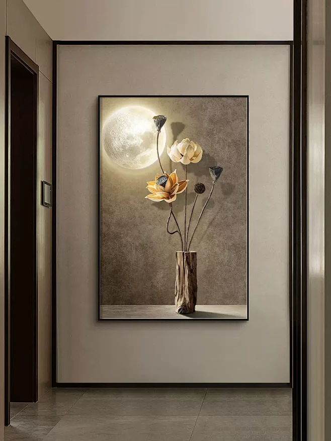 侘寂风荷花莲花玄关装饰画过道走廊挂画落地画客厅新中式日式竖版-tmall.com天猫-花瓣网