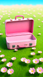 A-open-empty-pink-suitcase-on-the-wide-grass-surrounded-by-flowers--in-front-view--high-view--the-suitcase-is-empty-inside--with-sky-blue-background--in-the-cartoon-style--rendered-in-C4D--as-a-3D-sce (3)