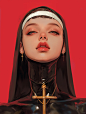 A beautiful nun with a cross on her lips against a red background, wearing a black latex outfit with gold details, in the style of David Uhl and Jeanloup Sieff, from a Vogue cover photo with a maximalist composition trending on Instagram. --ar 3:4