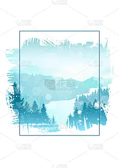 冬天的山景观。孤立的白色框架笔触。旅行，发现，探索，观察自然。徒步旅游。冒险。多边形平面设计图形海报