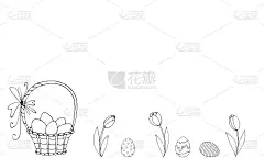 复活节套大纲插图，手绘，素描风格，简单。花，郁金香，一篮子鸡蛋。着色书的设计元素。海报、名片模板