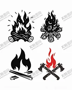 露营火堆图案 【酷图网】露营火堆,图案,图标,黑色,红色火焰,木柴堆,斧头