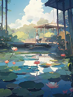 夏日清新荷塘风光手绘插画