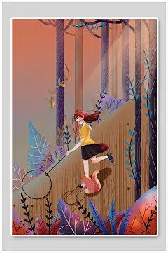 女孩动物植物可爱手绘卡通森系插画