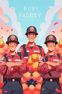 消防员警察欢度五一劳动节插画
