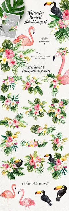 夏日火烈鸟文艺包装手绘水彩花卉花环鹤PNG免抠设计素材  (2)