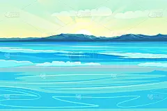 海中。平面插画风格。在地平线上有一个多岩石的海岸和山脉。日出，阳光和云彩。卡通。向量,