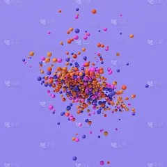鲜艳多彩的颗粒在飞舞。紫色的背景。抽象插图，3d渲染。