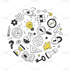 拼图和谜语。一组孤立的手绘对象。填字游戏，迷宫，大脑，棋子，灯泡，迷宫，齿轮，锁和钥匙。矢量插图在涂