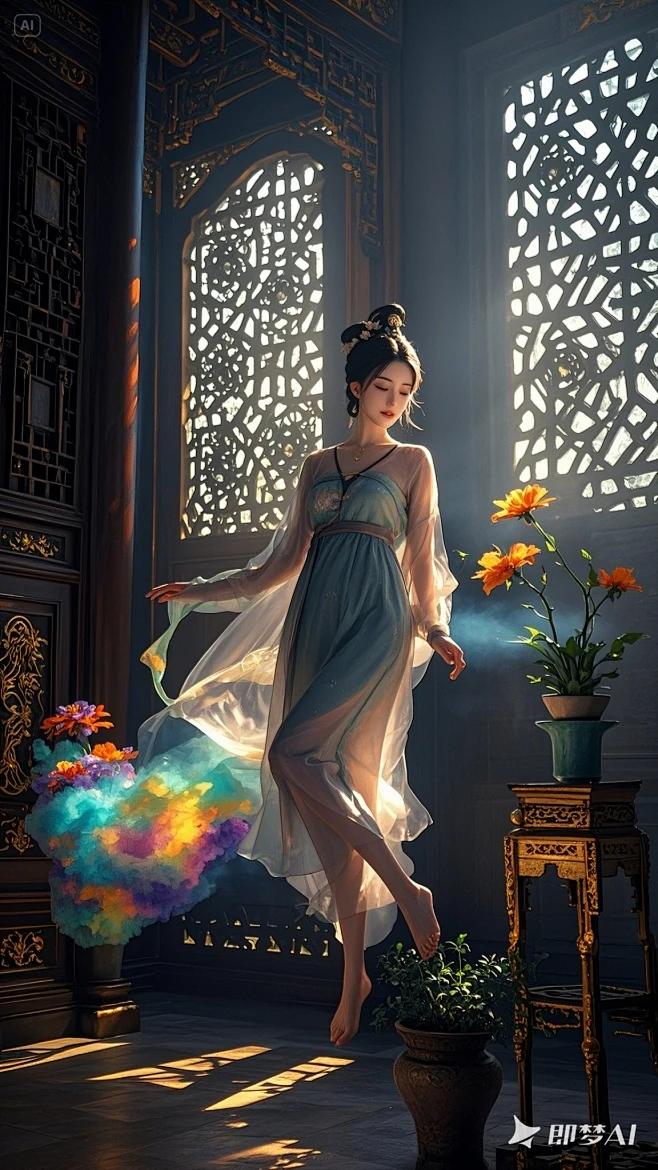 中国古建筑内部，幽暗的大殿，透过复杂漂亮的雕花窗户，照进来的阳光，丁达尔效应，一位身披薄纱的美少妇漂浮在花架旁边，漂浮在空中，脚底有七彩云雾 ...