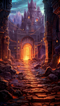 电影式奇幻RPG景观，带有地下城入口。迷幻概念艺术，细节和对比度惊人。 