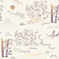 bamboo stalks, leaves, moon, mountain, river, sailing boat. vector seamless pattern - 矢量图幅插画档、美工图案、卡通及图标