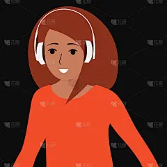 一个小女孩戴着耳机听音乐和播客。向量,平