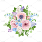 Bouquet of pink, blue and purple flowers. Vector i