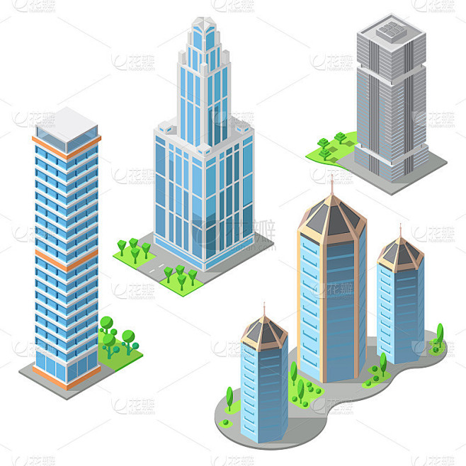 矢量等距现代建筑，卡通摩天大楼