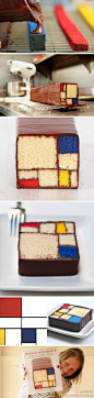 【美食】 “the Mondrian Cake 蛋糕”，灵感来自荷兰几何抽象画派先驱 Mondrian（蒙德里安）代表作“线与色彩的构成”。由天才糕点师 Caitlin Williams Freeman 设计制作。看到眼前的杰作，好想大吼一声：“Caitlin Freeman 姑娘，请收我为徒吧！” #艺术# #甜品# #创意# 视频：http://weibo.com/2756325845/zuJvw9v2w