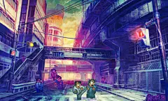 “热血”系列动作游戏想必给80后的一代留下了很美好的回忆，二头身大小的Q版人物形象，搞笑的游戏风格，优秀的游戏手感和竞技性直到现在依然被大家津津乐道。这幅插画中的人物以现今非常流行的像素画打造，配合着写实的精致背景，临场感战斗感十足，同时带有很强的怀旧意味，是否勾起了你儿时的回忆呢？\n\n