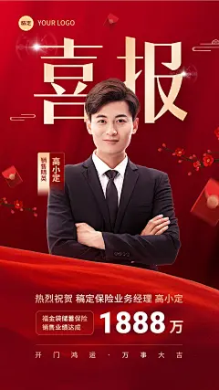 金融保险开门红销售业绩表彰人物喜报贺报喜庆手机海报