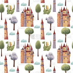 城堡、塔、树、龙的无缝图案。