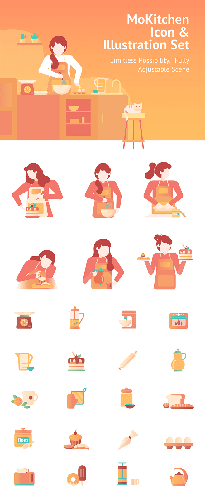 全套女人在厨房矢量插画 UI设计素材——...