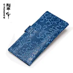 犟牛卡包复古女士长款多卡位头层真牛皮夹印压花名片包个性小钱夹