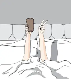 床上惬意喝咖啡插画矢量图插画
