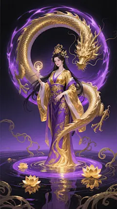 一幅中国风奇幻插画，以深邃神秘的紫色与闪耀的金色为主色调，中心是一位身着华丽金色与紫色相间传统服饰的女性角色，她身姿优雅，长发飘逸，头戴精致金色发饰，手持发光法器。角色周围环绕着一条威严的金色神龙，龙身缠绕着流动的紫色能量光环，龙鳞在光线下闪烁着金属光泽。底部是一个圆形的紫色能量领域，内部漂浮着金色的莲花和卷曲的藤蔓，水面反射着角色与龙的身影，泛起金色涟漪。整体画面采用细腻的厚涂笔触，光影对比强烈，背景为渐变的深紫色至黑色，营造出神秘而神圣的氛围，构图呈圆形对称，视觉焦点突出，充满东方玄幻的华丽与震撼感。