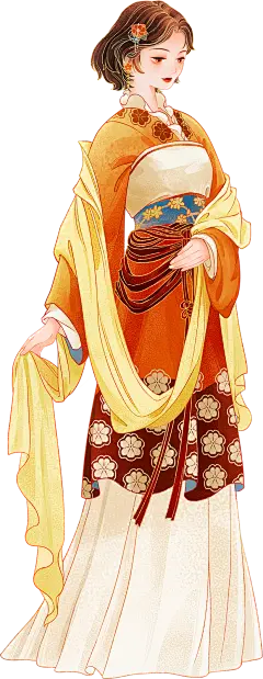 中国风细线渐变噪点春季人物插画-宋代披帛长裙女