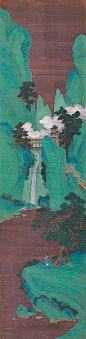 仇英——《仙山采药图（春山观瀑）》无题 人物山水楼阁 立轴欣赏 | 
明|仇英(约1498-1552)字实父，号十洲，吴门四家之一。擅人物仕女，工设色水墨、白描，偶作花鸟。与沈周、文徵明、唐寅并称为"明四家"。早年为漆工、画磁匠并为人彩绘栋宇，因文徵明所称誉而知名。后以卖画为生，师从周臣。画上他为不破画面美感，一般只题名款少写文字。
