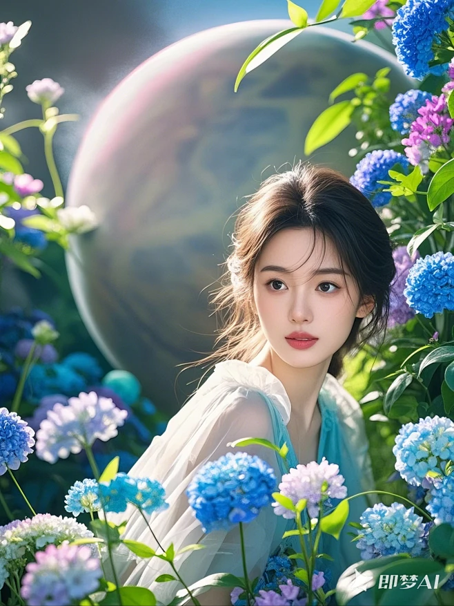 145mm,特写，人像，氛围光，景深，虚化，模特，一个亚洲女模特，模特看观众。它站在一个未知的星球，但植被非常茂盛，有美丽的花朵。半透明，丁达 ...