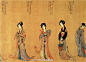 #藏品欣赏# 中国国家博物馆藏《千秋艳艳图》，此卷在6米多长画面上，绘写了近代70位古代仕女，包括从秦汉到明代中比较著名、见诸于史实或传说并在社会或历史上有一定影响的女性，所以称作“千秋艳艳”图。画中女子采用工笔重彩写出，多用铁线描钩勒衣纹，服饰敷彩妍丽鲜明。