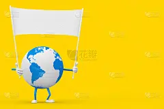 地球角色吉祥物和空的白色空白横幅与自由空间为您的设计。3d渲染