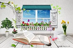 精致家居窗台桌面PSD分层素材模板PSD分层素材|窗台|窗台桌面PSD分层模板|翻开的书本|花卉|家居壁纸图片|精致家居|马克杯|木地板|盆栽|生活百科|树枝|鹦鹉