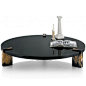 Coffee Table in Glossy Black Polyester   Lacquer with Dark Horn Feet  Diameter 63” x 12"h