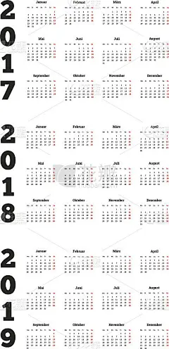 一套简单的日历在德国2017年，2018年，2019年