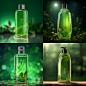 @Midjourney-测试中   /想象 一瓶透明的洗发水，瓶身修长，8K，平视视角，简约，科技风，细节丰富，绿茶色背景，光线明亮