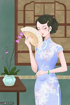 兰花气质旗袍美女古风优雅民国人物插画 民俗民风 中国风