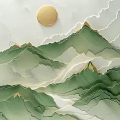 中国风景极简主义设计，水墨，纸雕，神秘核心，雪雾，内华达山脉-图巨人