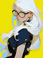 A very beautiful girl with white hair and glasses, minimalism，Long flowing hair. blue eyes, black short - sleeved dress, Minimalist painter style on yellow background, abstract Memphis, flat illustration, vector illustration, style of Japanese master Ichi