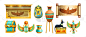 埃及古宝藏图标集，矢量古文明对象，法老墓，金圣甲虫首饰，花瓶。