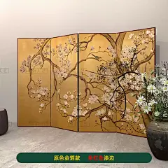 手绘漆画现代新中式复古金箔屏风玉兰花客厅沙发背景隔断移动折屏-淘宝网