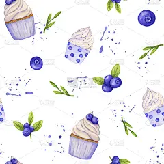 无缝模式与多汁的蓝莓和纸杯蛋糕在白色的背景。紫色和绿色手绘水彩元素。插图剪贴簿，卡片和植物杂志