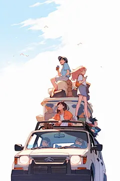 学生放暑假结伴夏天插画